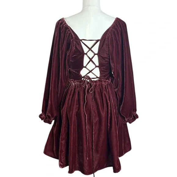 Free People Dainty Renaissance Daphne Velvet Mini Dress Burgundy Brown Medium - Picture 12 of 17